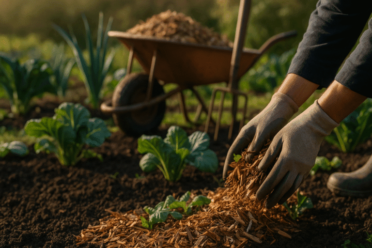 Bois Raméal Fragmenté (BRF) en paillage au potager en permaculture