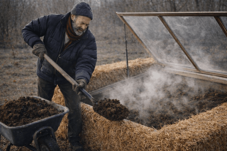 Couche chaude : remplissage châssis avec fumier chaud