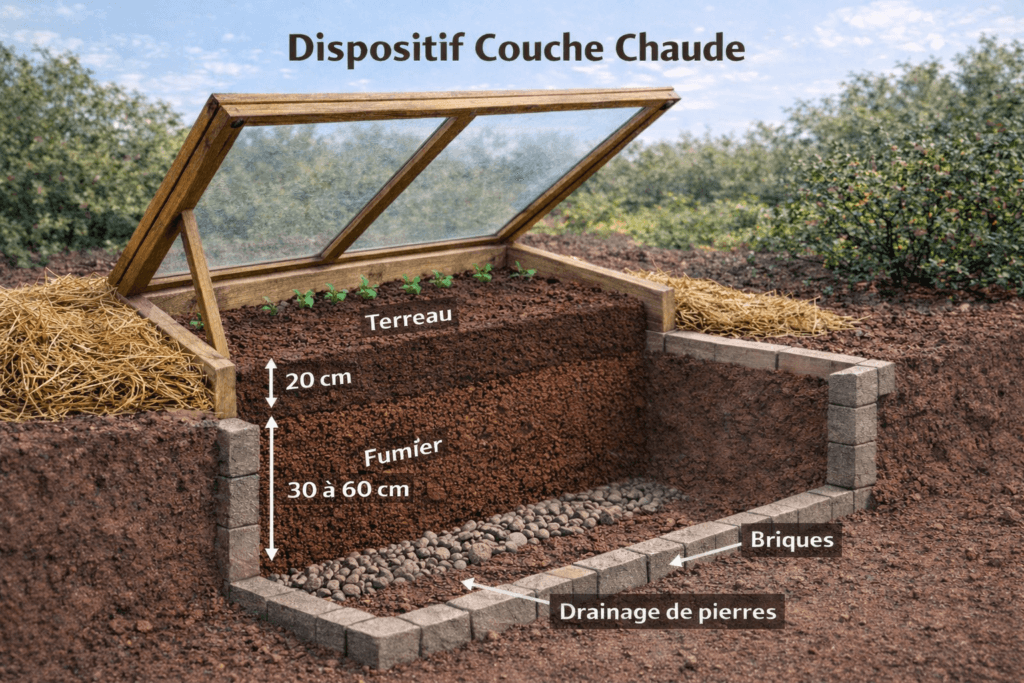 Dispositif couche chaude : drainage, fumier chaud, terreau, cultures