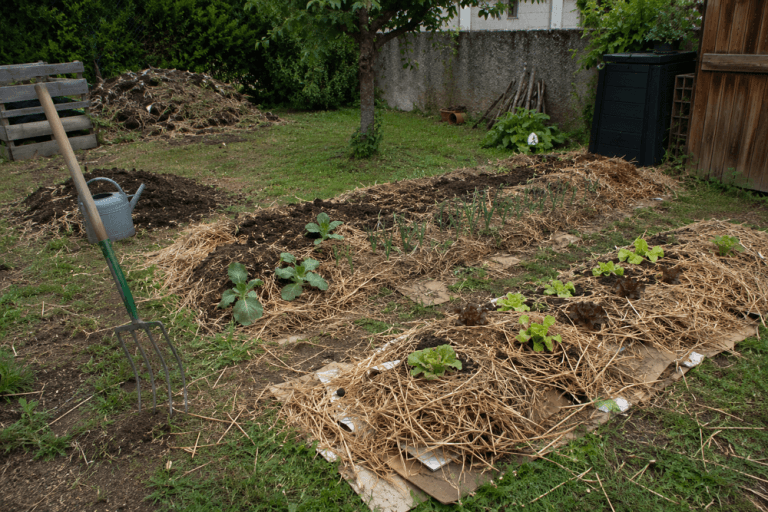 Création d’un potager en permaculture avec paillage, cartons et jeunes plantations dans un jardin amateur.