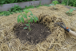 Paillage écarté autour d’un jeune plant de tomate pour laisser le sol se réchauffer au printemps