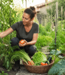 Quand récolter vos légumes ? Les bons signes à observer Femme récoltant des tomates et des légumes mûrs dans son potager