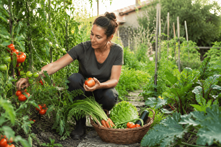 Femme récoltant des tomates et des légumes mûrs dans son potager