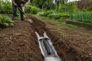 Poser un drain enterré au potager avec gaine drainante et géotextile