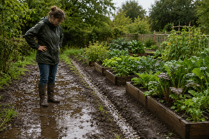 Drainer un jardin humide avec allée boueuse, rigole drainante et planches surélevées