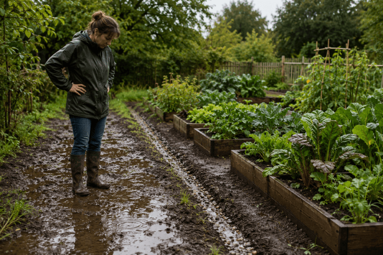 Drainer un jardin humide avec allée boueuse, rigole drainante et planches surélevées