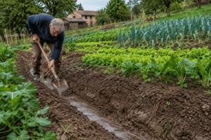 Creuser un fossé dans un potager en pente pour drainer l’eau