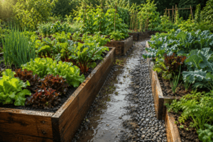 Planches surélevées et allée creusée pour drainer un jardin humide