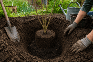 Drainage à la plantation avec trou profond et compost sous la motte