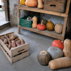 Courges et patates douces stockées dans un local adapté, sec et tempéré, pour une bonne conservation