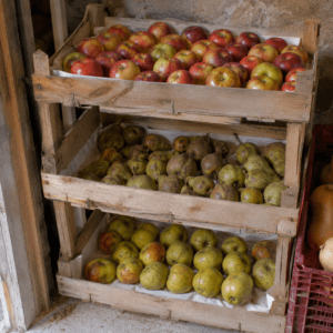Pommes et poires conservées en clayette dans un local frais et aéré