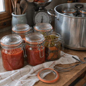Bocaux de conserves maison de légumes préparés dans une cuisine avec matériel de stérilisation