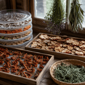 Fruits, légumes et plantes aromatiques en cours de séchage dans une cuisine familiale