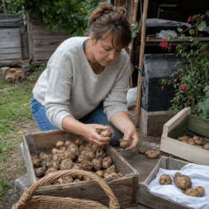 Femme triant des pommes de terre avant leur stockage dans un jardin amateur