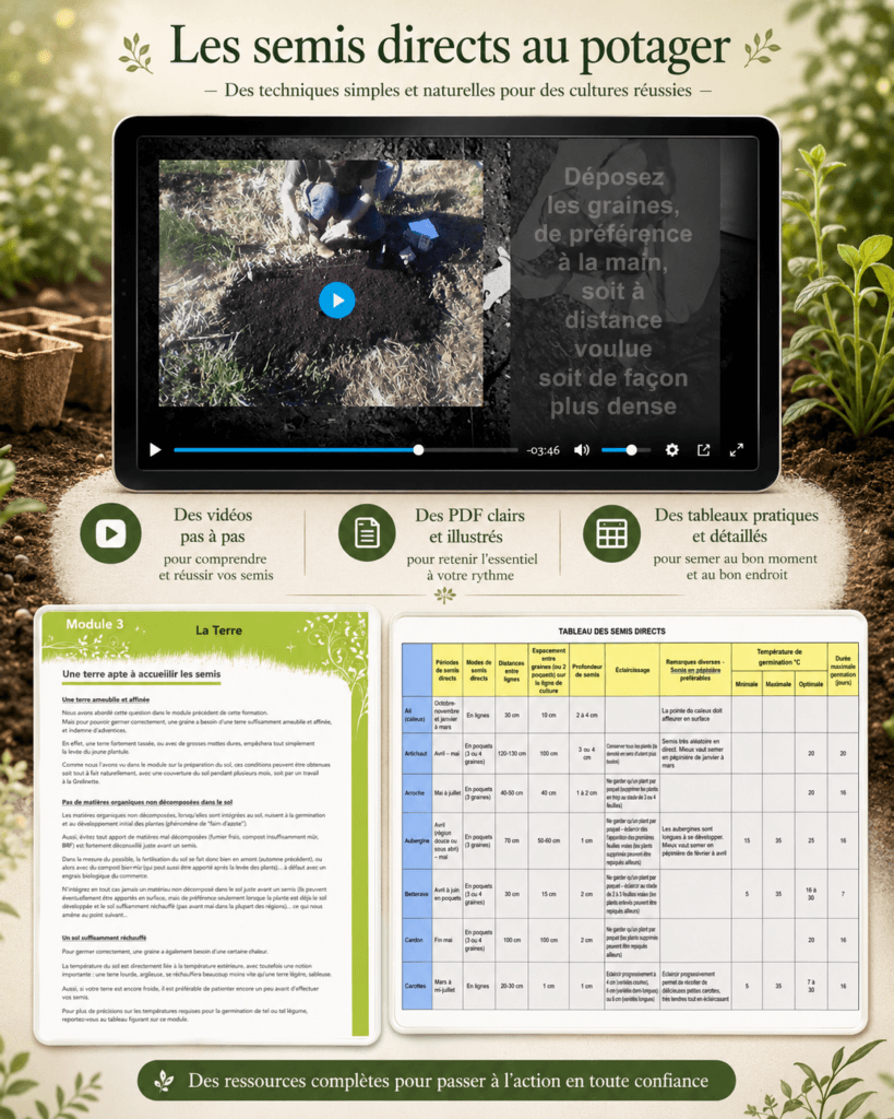 Formation multimédias (vidéo, pdf, tableaux) sur les semis directs au potager