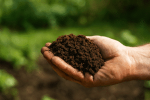 Main tenant du compost mûr brun, texture friable, prêt à l’usage au potager
