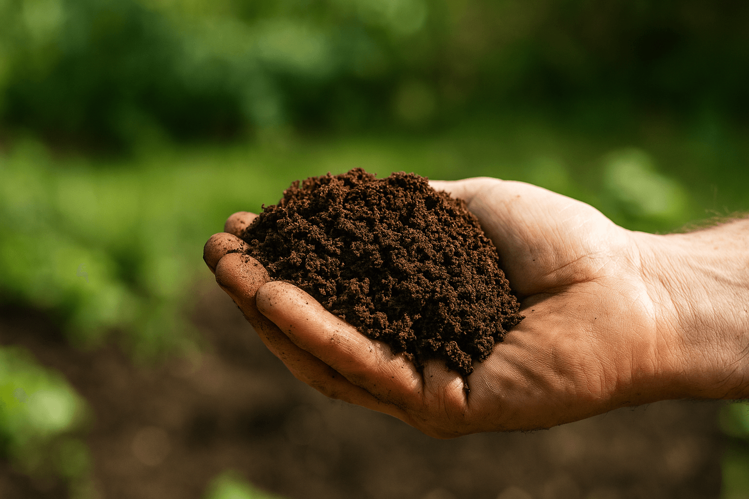Main tenant du compost mûr brun, texture friable, prêt à l’usage au potager