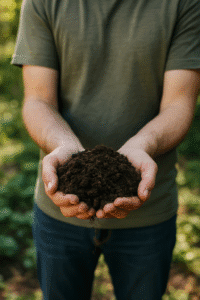 Compost mûr brun, odeur d’humus de sous-bois, tenu dans les mains