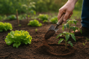Épandage de compost mûr tamisé au pied de légumes du potager