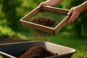 Tamis 10 mm filtrant un compost mûr, fraction fine homogène