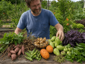 Récoltes de fruits et légumes exotiques dans jardin en France