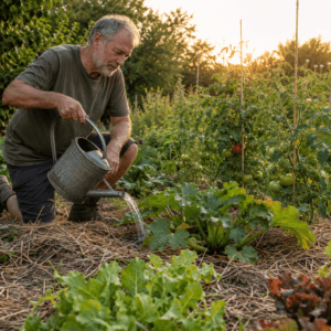 Jardinier arrosant au pied des légumes paillés avec un arrosoir sans pomme, le soir au potager