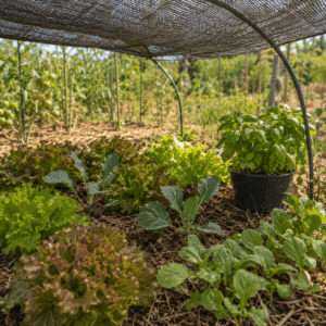 Cultures sensibles au potager protégées sous un filet d’ombrage pendant une période de canicule