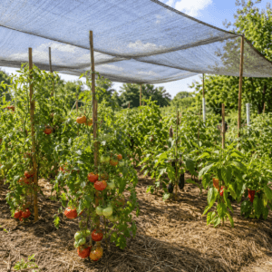 Tomates, poivrons et aubergines sous un filet d’ombrage léger au potager pendant une canicule