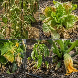 Feuilles flétries, salades brûlées et jeunes plants affaissés montrant les signes d’alerte de la canicule au potager