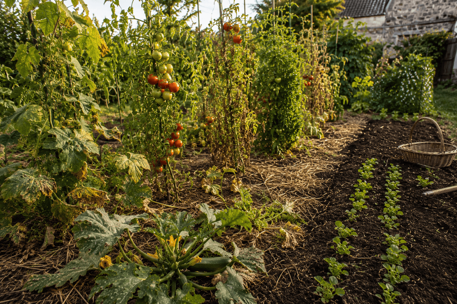 Potager en septembre avec tomates encore productives, courgettes et concombres en fin de culture, et jeunes semis d’automne
