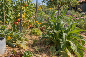 Consoude au potager en été sec dans un jardin amateur en France, avec tomates, courgette, fleurs, fruitier et paillage abondant