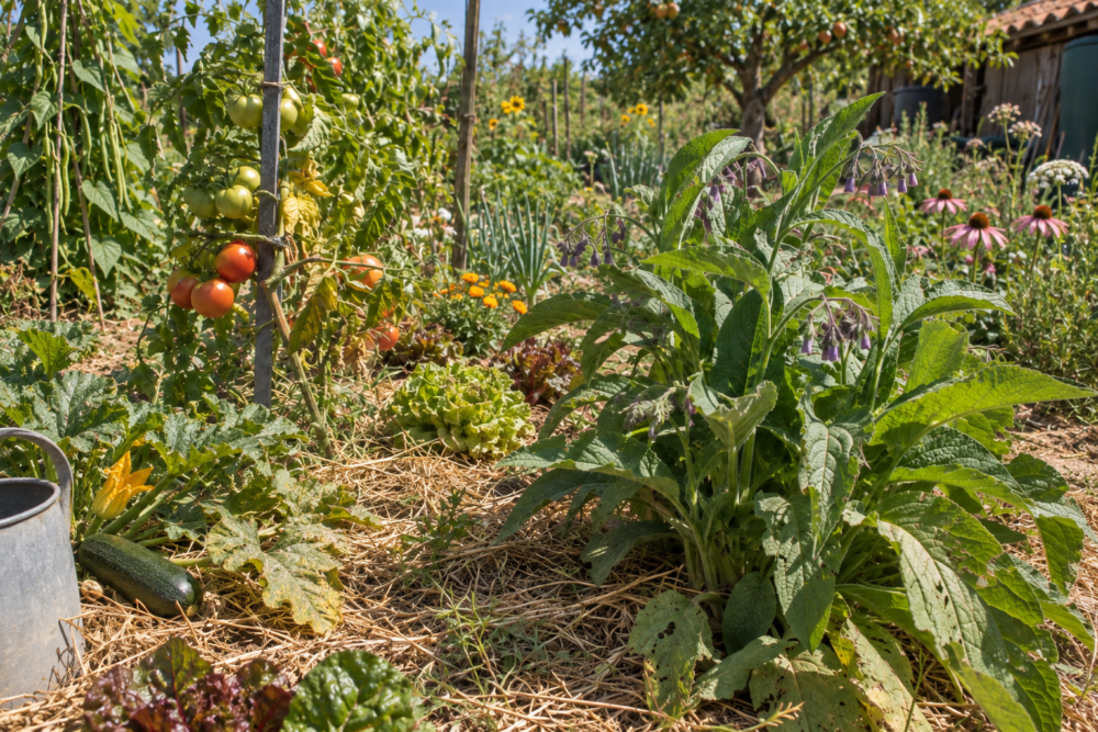 Consoude au potager en été sec dans un jardin amateur en France, avec tomates, courgette, fleurs, fruitier et paillage abondant