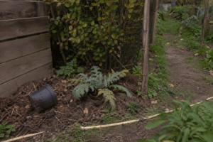 Jeune artichaut vivace planté dans un emplacement mal adapté au potager, trop proche d'une clôture et d'un passage.